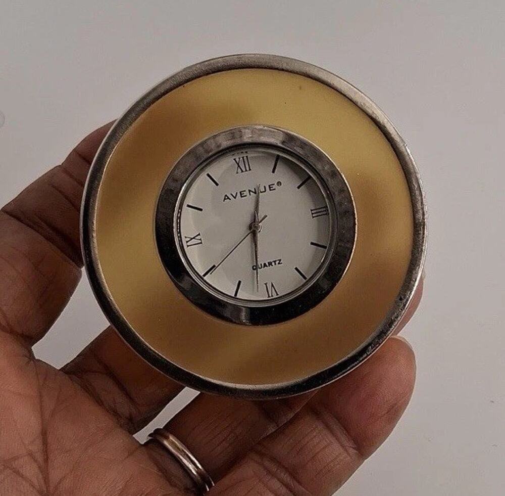 Vintage AVENUE Amber Resin Lucite Round Mini Desk Table Paperweight Clock